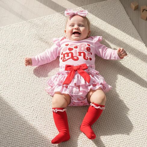BeQeuewll My First Valentines Day Baby Girl Outfit Newborn Heart Embroidery Romper+Tutu Shorts+Socks+Headband 4Pcs Clothing in Saudi Arabia