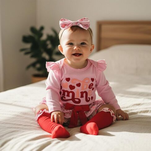 BeQeuewll My First Valentines Day Baby Girl Outfit Newborn Heart Embroidery Romper+Tutu Shorts+Socks+Headband 4Pcs Clothing in Saudi Arabia
