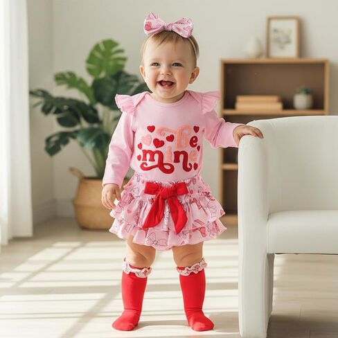 BeQeuewll My First Valentines Day Baby Girl Outfit Newborn Heart Embroidery Romper+Tutu Shorts+Socks+Headband 4Pcs Clothing in Saudi Arabia