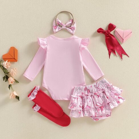 BeQeuewll My First Valentines Day Baby Girl Outfit Newborn Heart Embroidery Romper+Tutu Shorts+Socks+Headband 4Pcs Clothing in Saudi Arabia