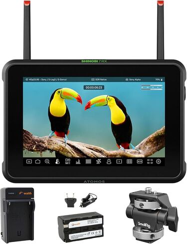شاشة / جهاز استقبال على الكاميرا Atomos Shinobi مقاس 7 بوصات RX HDMI/SDI - شاشة لمس بدقة HDR مع بطارية طاقة وشاحن واحد وحامل شاشة من سبائك الألومنيوم مع حامل حذاء بارد - مجموعة حزمة in Saudi Arabia