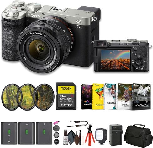Sony Alpha 7C II Mirrorless Full-Frame Interchangeable Lens Camera - Silver with 28-60mm Lens (ILCE-7CM2L/S) + 64GB Card + Filter Kit + Bag + 2 x NP-FZ100 Compatible Battery + More in Saudi Arabia