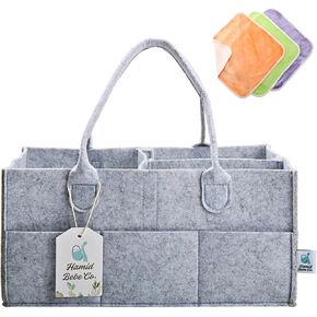 Hamid Baby Diaper Caddy Organizer – Includes Infant Face Cleaning Towel – Large Portable Nursery Storage Basket with 3 Compartments, 8 Pockets, Removable Dividers – Car, Travel Diaper Bag - Grey in Saudi Arabia