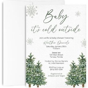 Baby It's Cold Outside Baby Shower Invitations Winter Invites Gender Neutral Unisex Trees Nature Green Snowflakes Snowfall Personalized Customized Custom Printed Cards (12 count) in Kuwait