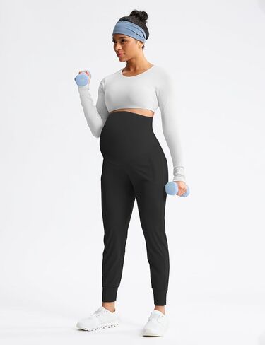 Mama Land Pregnancy Joggers سراويل الأمومة فوق البطن، حزام خصر مطاطي، سراويل صالة مائلة، جيب لليوجا، ملابس رياضية للشتاء (أسود L) in Saudi Arabia