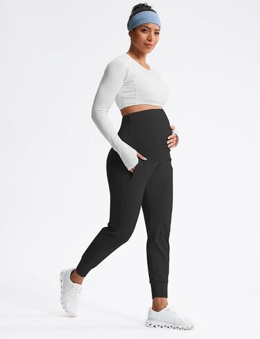 Mama Land Pregnancy Joggers سراويل الأمومة فوق البطن، حزام خصر مطاطي، سراويل صالة مائلة، جيب لليوجا، ملابس رياضية للشتاء (أسود L) in Saudi Arabia
