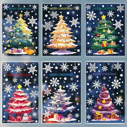 Christmas Window Clings, Xmas Window Clings Reusable Double Sided Green Yellow Purple Red Blue Christmas Tree Snowflakes Clings for Xmas Decorations Home Decor Office Party Supplies 6 Sheets in Saudi Arabia