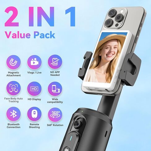 Vlog Selfie Monitor Screen Pro, Built-in Speaker and 360° Smart Face Tracking Tripod, 4.8" Rear Camera Display 4K 60fps, Portable Vlog Tool for Creators in Saudi Arabia