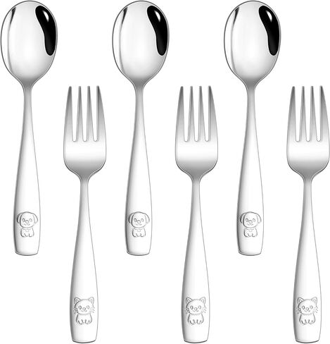 مجموعة أدوات المائدة للأطفال من 6 قطع من HaWare، مجموعة أدوات فضية للأطفال من الفولاذ المقاوم للصدأ، شوك وملاعق للأطفال من الفئة الغذائية، مجموعة أدوات مائدة آمنة للأطفال مع نمط مقبض حيواني لطيف، آمنة للاستخدام في غسالة الأطباق in Kuwait