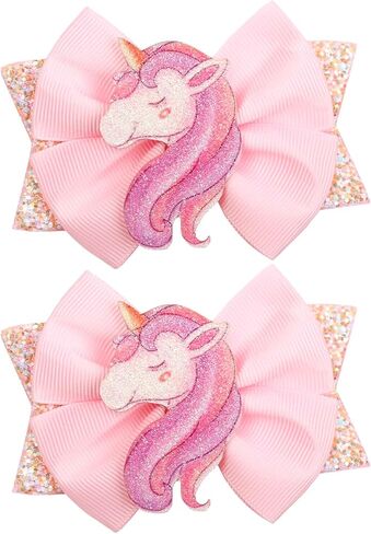 Glitter Unicorn Hair Bows for Girls - 2PCS Sparkly Pink Unicorn Bow, Cute Alligator Hair Clips Barrettes Hair Accessories for Toddler Kids Birthday Party, Princess Costume Gift in Saudi Arabia