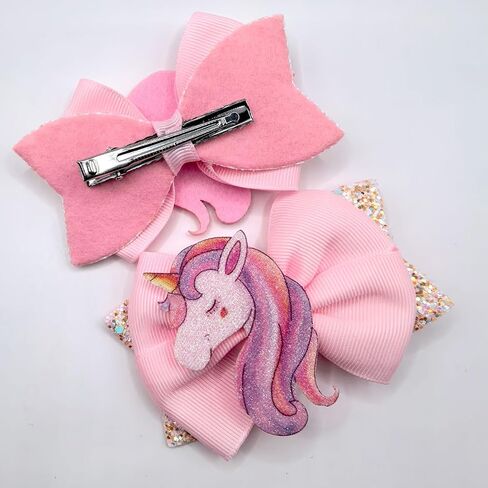 Glitter Unicorn Hair Bows for Girls - 2PCS Sparkly Pink Unicorn Bow, Cute Alligator Hair Clips Barrettes Hair Accessories for Toddler Kids Birthday Party, Princess Costume Gift in Saudi Arabia