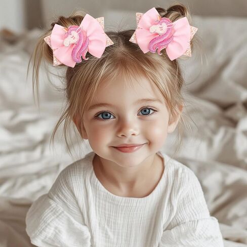 Glitter Unicorn Hair Bows for Girls - 2PCS Sparkly Pink Unicorn Bow, Cute Alligator Hair Clips Barrettes Hair Accessories for Toddler Kids Birthday Party, Princess Costume Gift in Saudi Arabia