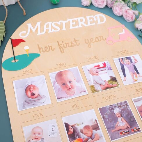 Her First Year Golf Photo Board - Monthly Photo Decoration for A Hole in One Shot, Golf 1st Birthday Milestone Sign, 1 to 12 Month Photo Display Wood Board in Saudi Arabia