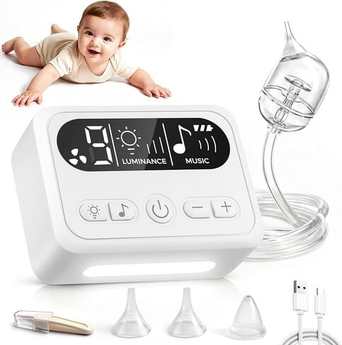 Nasal Aspirator for Baby, Baby Nose Sucker with 9 Suction Levels, Electric Nose Suction for Baby with Night Light, Can Play Lullabies, Equipped with 3 Food-Grade Silicone Nozzles and Tweezers (White) in Saudi Arabia