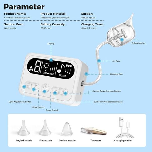 Nasal Aspirator for Baby, Baby Nose Sucker with 9 Suction Levels, Electric Nose Suction for Baby with Night Light, Can Play Lullabies, Equipped with 3 Food-Grade Silicone Nozzles and Tweezers (White) in Saudi Arabia