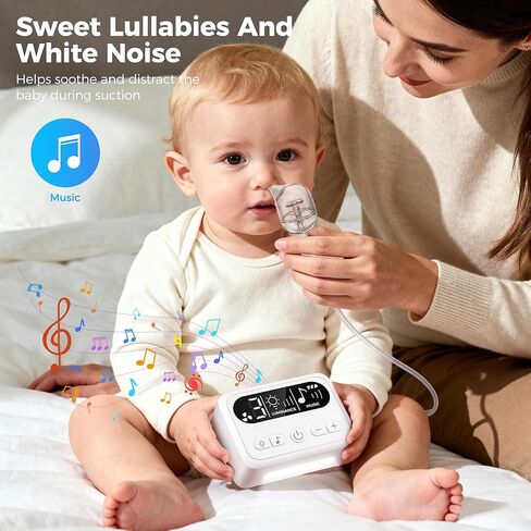 Nasal Aspirator for Baby, Baby Nose Sucker with 9 Suction Levels, Electric Nose Suction for Baby with Night Light, Can Play Lullabies, Equipped with 3 Food-Grade Silicone Nozzles and Tweezers (White) in Saudi Arabia