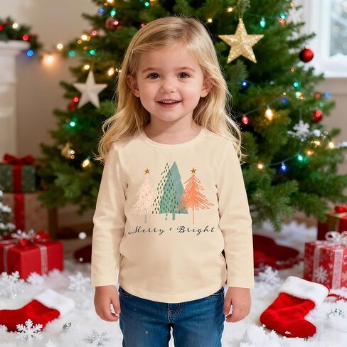 CM C&M WODRO Toddler Boy Girl Christmas Tree Shirt Long Sleeve Merry and Bright T-Shirt Unisex Kids Xmas Holiday Tops Clothes in Saudi Arabia