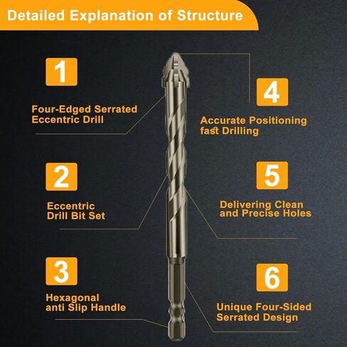 5 Piece Set of Four Flute Drill Bits High Hardness Eccentric Twist Drill Bits Set for Concrete Masonry Wood Stone Glass Ceramic Bricks Metal Plastic Sizes6/6/8/10/12 in Saudi Arabia