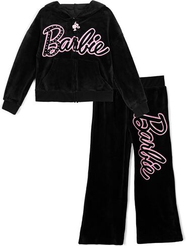 Barbie Girls Velour Drop Shoulder Zip Up Hoodie and Flare Pants Outfit Set Toddler to Big Kid Sizes (2T - 14-16) in Saudi Arabia