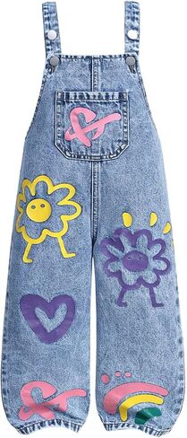 Toddler Girls' Vintage Floral Heart Graphic Denim Jumpsuit Baggy Wide Leg Jeans Overall with Pockets in Saudi Arabia