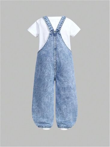 Toddler Girls' Vintage Floral Heart Graphic Denim Jumpsuit Baggy Wide Leg Jeans Overall with Pockets in Saudi Arabia