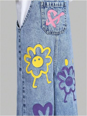 Toddler Girls' Vintage Floral Heart Graphic Denim Jumpsuit Baggy Wide Leg Jeans Overall with Pockets in Saudi Arabia