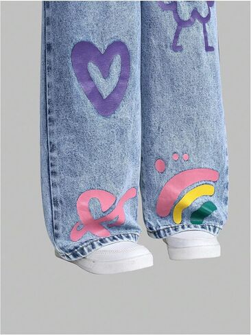 Toddler Girls' Vintage Floral Heart Graphic Denim Jumpsuit Baggy Wide Leg Jeans Overall with Pockets in Saudi Arabia
