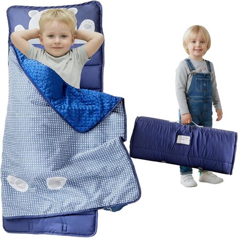 DuShow Toddler Nap Mat for Boys,Soft Roll Up Slumber Bags,Toddler Nap Mat with Removable Pillow and Fleece Blanket,Kids Sleeping Bag for Daycare and Preschool Kindergarten,Travel Bear Pattern-Navy in Kuwait