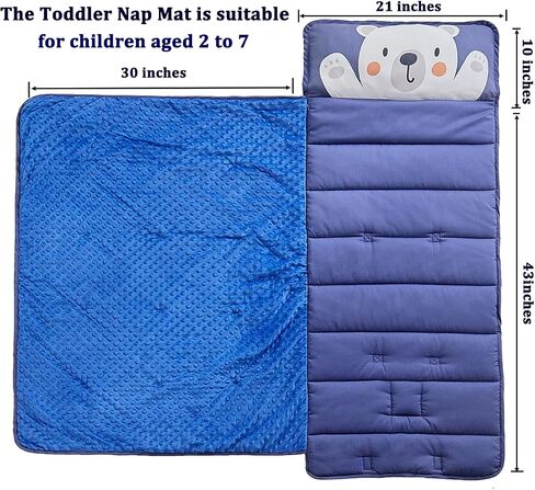 DuShow Toddler Nap Mat for Boys,Soft Roll Up Slumber Bags,Toddler Nap Mat with Removable Pillow and Fleece Blanket,Kids Sleeping Bag for Daycare and Preschool Kindergarten,Travel Bear Pattern-Navy in Kuwait
