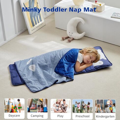 DuShow Toddler Nap Mat for Boys,Soft Roll Up Slumber Bags,Toddler Nap Mat with Removable Pillow and Fleece Blanket,Kids Sleeping Bag for Daycare and Preschool Kindergarten,Travel Bear Pattern-Navy in Kuwait
