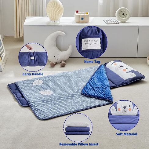 DuShow Toddler Nap Mat for Boys,Soft Roll Up Slumber Bags,Toddler Nap Mat with Removable Pillow and Fleece Blanket,Kids Sleeping Bag for Daycare and Preschool Kindergarten,Travel Bear Pattern-Navy in Kuwait