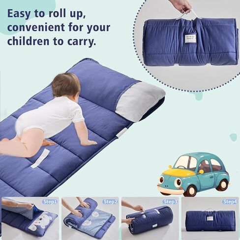 DuShow Toddler Nap Mat for Boys,Soft Roll Up Slumber Bags,Toddler Nap Mat with Removable Pillow and Fleece Blanket,Kids Sleeping Bag for Daycare and Preschool Kindergarten,Travel Bear Pattern-Navy in Kuwait
