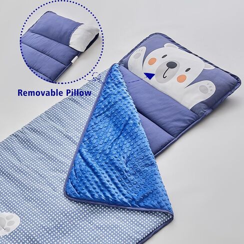 DuShow Toddler Nap Mat for Boys,Soft Roll Up Slumber Bags,Toddler Nap Mat with Removable Pillow and Fleece Blanket,Kids Sleeping Bag for Daycare and Preschool Kindergarten,Travel Bear Pattern-Navy in Kuwait