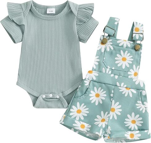 Toddler Baby Girl Overalls Clothes Ribbed Ruffle Sleeve Romper Top Daisy Suspender Jumpsuit Shortall Summer Outfit in Saudi Arabia