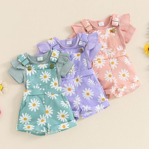 Toddler Baby Girl Overalls Clothes Ribbed Ruffle Sleeve Romper Top Daisy Suspender Jumpsuit Shortall Summer Outfit in Saudi Arabia