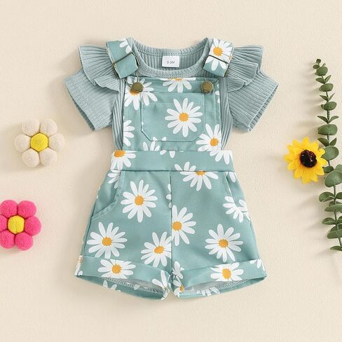Toddler Baby Girl Overalls Clothes Ribbed Ruffle Sleeve Romper Top Daisy Suspender Jumpsuit Shortall Summer Outfit in Saudi Arabia