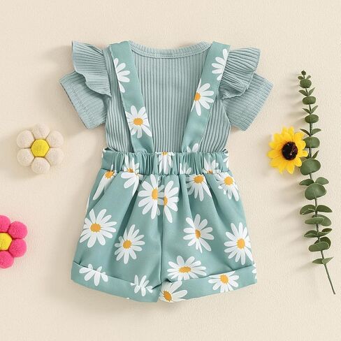 Toddler Baby Girl Overalls Clothes Ribbed Ruffle Sleeve Romper Top Daisy Suspender Jumpsuit Shortall Summer Outfit in Saudi Arabia