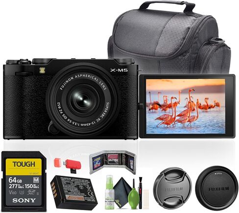 كاميرا Fujifilm X-M5 الرقمية بدون مرآة مع مجموعة عدسات XC 15-45 مم f/3.5-5.6 OIS PZ (أسود) مع بطاقة ذاكرة SF-M Tough Series UHS-II SDXC سعة 64 جيجابايت + مجموعة تنظيف + حقيبة سفر + المزيد in Kuwait