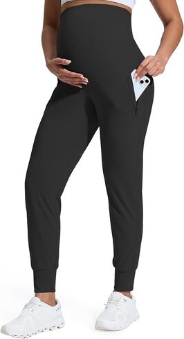 Mama Land High Waist Maternity Joggers for Yoga Workout Stretch Fit Pregnancy Activewear Pants with Pockets Fall Winter Maternity Clothes Outfit (Black XL) in Saudi Arabia