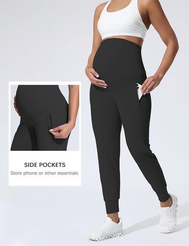 Mama Land High Waist Maternity Joggers for Yoga Workout Stretch Fit Pregnancy Activewear Pants with Pockets Fall Winter Maternity Clothes Outfit (Black XL) in Saudi Arabia