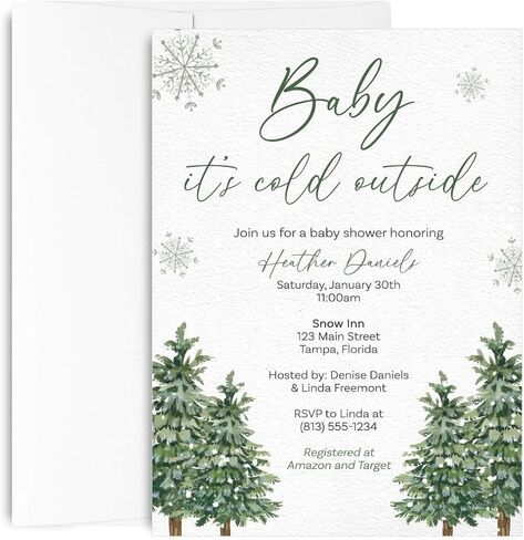 Baby It's Cold Outside Baby Shower Invitations Winter Invites Gender Neutral Unisex Trees Nature Green Snowflakes Snowfall Personalized Customized Custom Printed Cards (12 count) in Kuwait