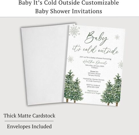 Baby It's Cold Outside Baby Shower Invitations Winter Invites Gender Neutral Unisex Trees Nature Green Snowflakes Snowfall Personalized Customized Custom Printed Cards (12 count) in Kuwait