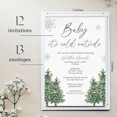 Baby It's Cold Outside Baby Shower Invitations Winter Invites Gender Neutral Unisex Trees Nature Green Snowflakes Snowfall Personalized Customized Custom Printed Cards (12 count) in Kuwait