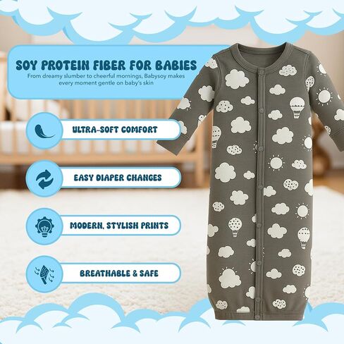Unisex Baby Long Sleeve Gown Sleep Sack, Ultra Soft Nightgown, Newborn Reversible Mittens in Saudi Arabia