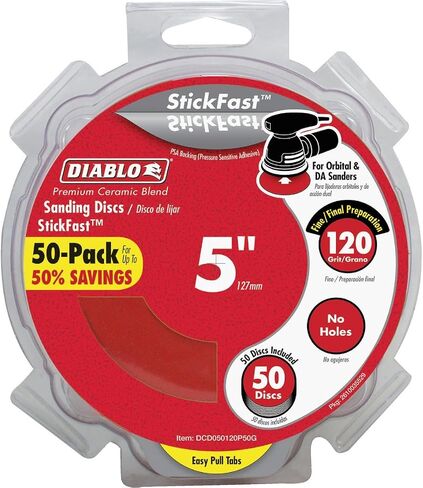أقراص الصنفرة السريعة من Diablo 120-Grit ROS Stick، مقاس 5 بوصات - إزالة سريعة للمخزون، مزيج سيراميك خالٍ من الانسداد، عمر طويل للخشب والمعادن والبلاستيك، 50 عبوة - DCD050120P50G in Saudi Arabia
