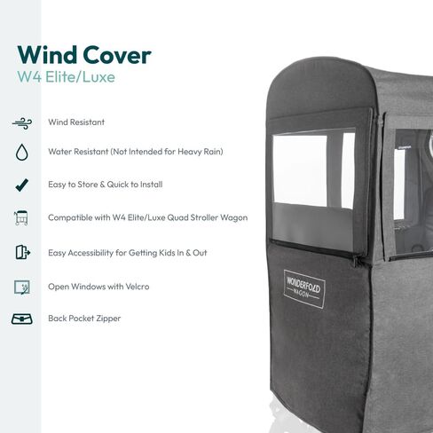 غطاء الرياح لعربة الأطفال WONDERFOLD مصنوع من نسيج كاتيوني ممتاز قابل للتنفس مع فتحات نافذة بخطاف وحلقة لسهولة الوصول وجيب تخزين بسحاب (يناسب فقط W4 Elite/Luxe) in Kuwait