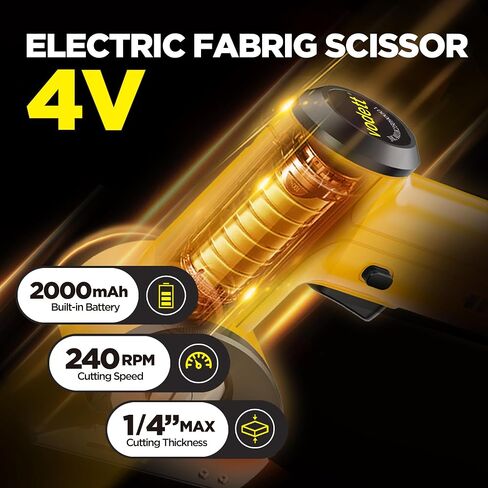 4V Cordless Electric Scissors, Rechargeable Cardboard Cutter with 2000mAh Battery, Safety Lock & 2 Blades – Great Gift for DIY Crafts, Fabric, Leather Projects (Yellow) in Saudi Arabia