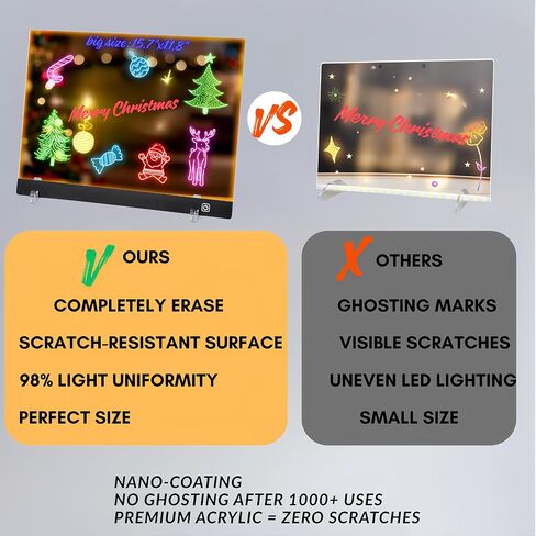 Anti-Scratch LED Christmas Message Board - Crystal Clear Acrylic Light Up Sign, 7 Neon Colors No Ghosting Dry Erase Board with Stand, Rechargeable Glow Display for Home Decor & Family Gifts in Saudi Arabia
