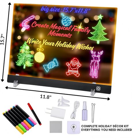 Anti-Scratch LED Christmas Message Board - Crystal Clear Acrylic Light Up Sign, 7 Neon Colors No Ghosting Dry Erase Board with Stand, Rechargeable Glow Display for Home Decor & Family Gifts in Saudi Arabia