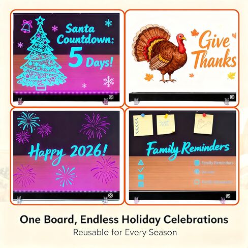 Anti-Scratch LED Christmas Message Board - Crystal Clear Acrylic Light Up Sign, 7 Neon Colors No Ghosting Dry Erase Board with Stand, Rechargeable Glow Display for Home Decor & Family Gifts in Saudi Arabia
